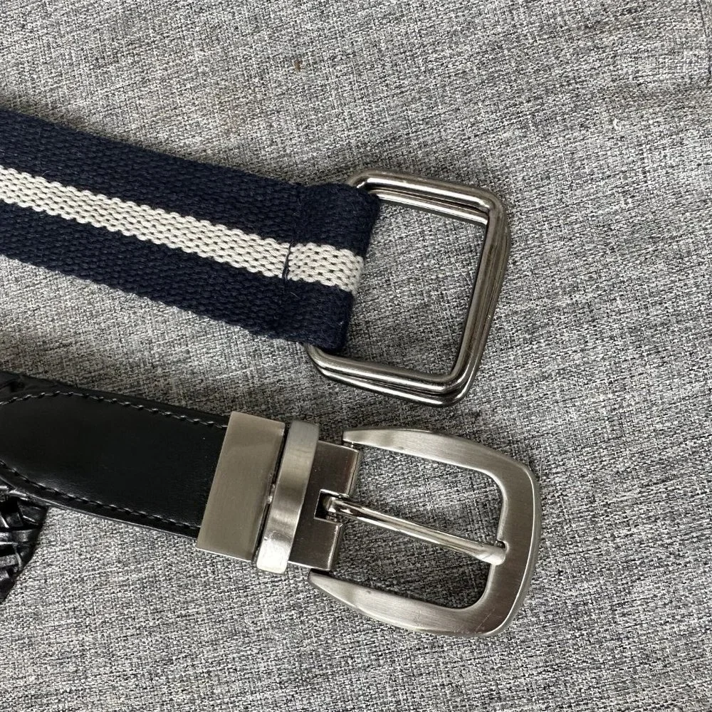 Men's Classic Belt Pair Blue White Web and Woven Faux Leather Black 36
